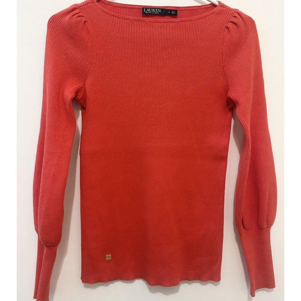 Lauren Ralph Lauren Red/Orange Ribbed Puff Sleeve Knit Top Size Small - Picture 2 of 8